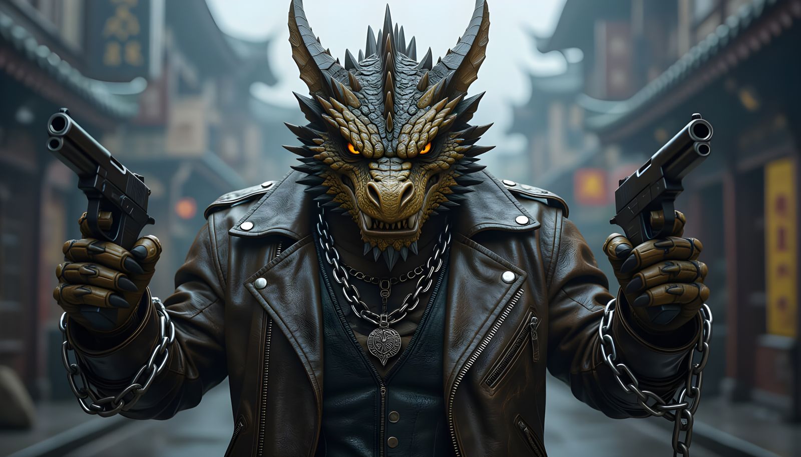 Tough Dragon With Guns and Chains in Leather Jacket