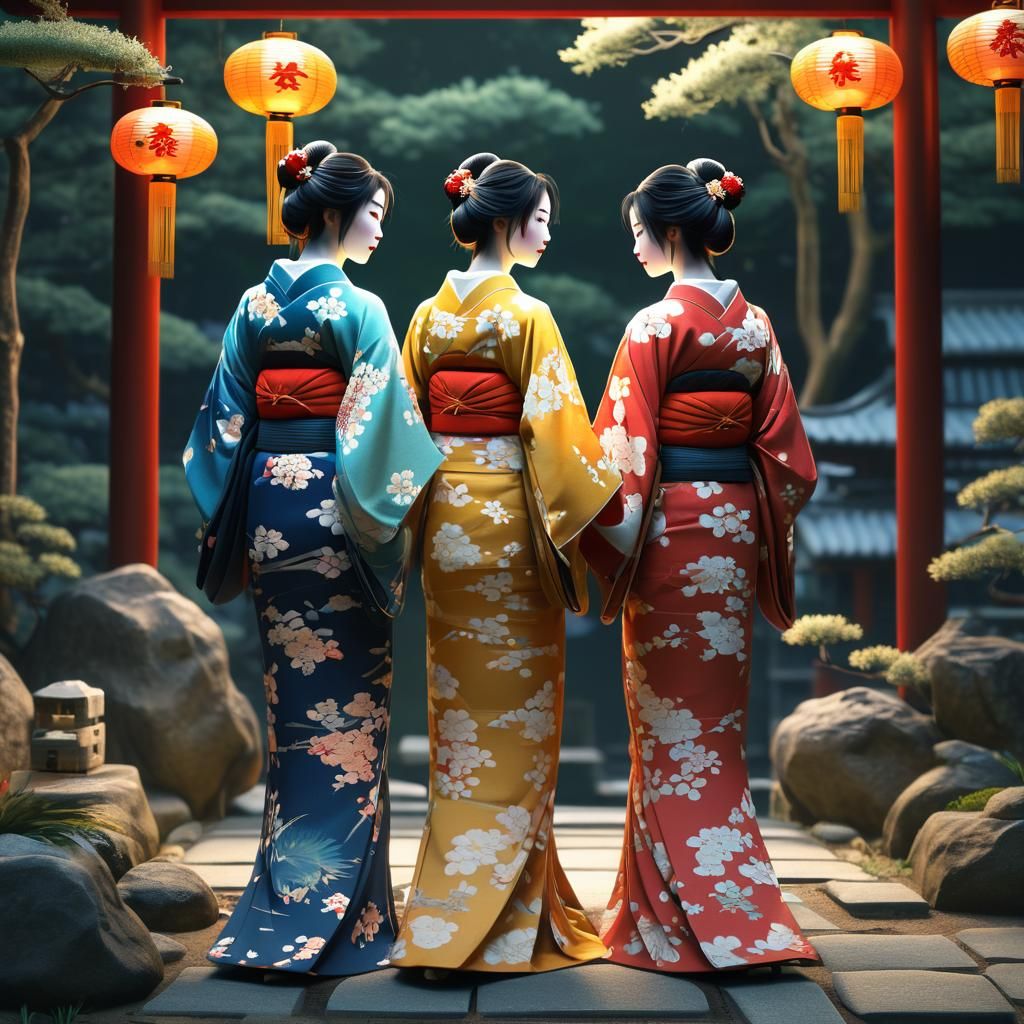 Three Geishas in Japanese Garden: Ukiyo-e Art
