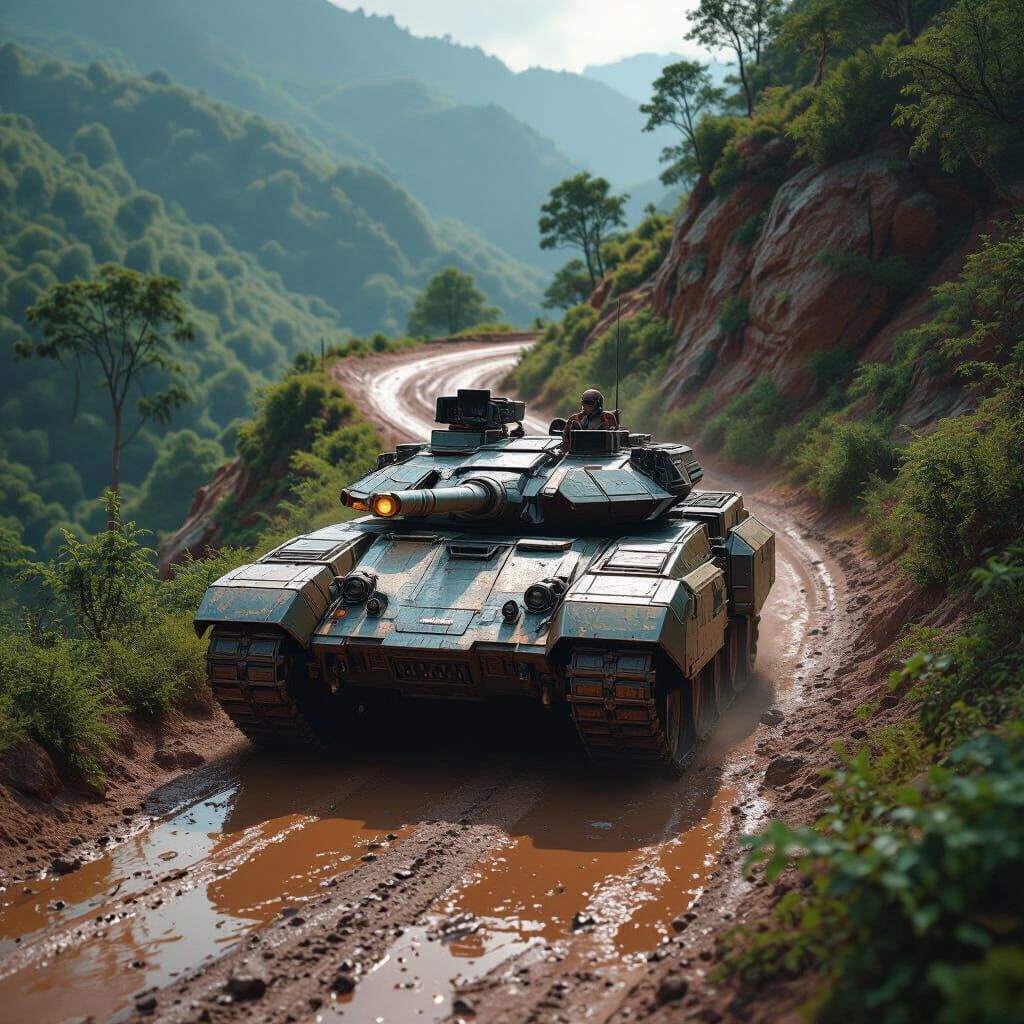 Futuristic Battle Tank on Mountain Road in Matte Style