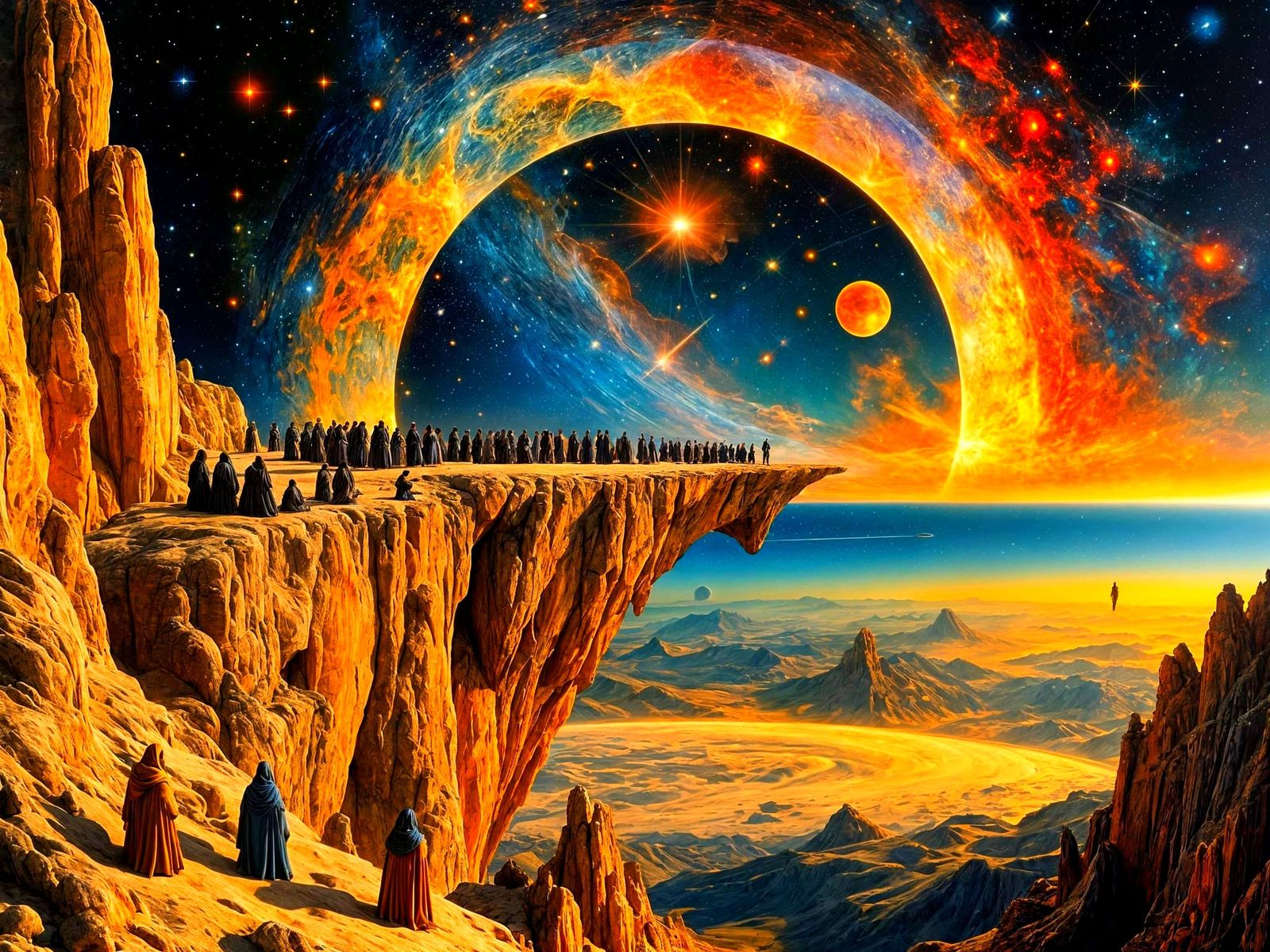 Esoteric Hooded Figures Gather on Cosmic Cliff