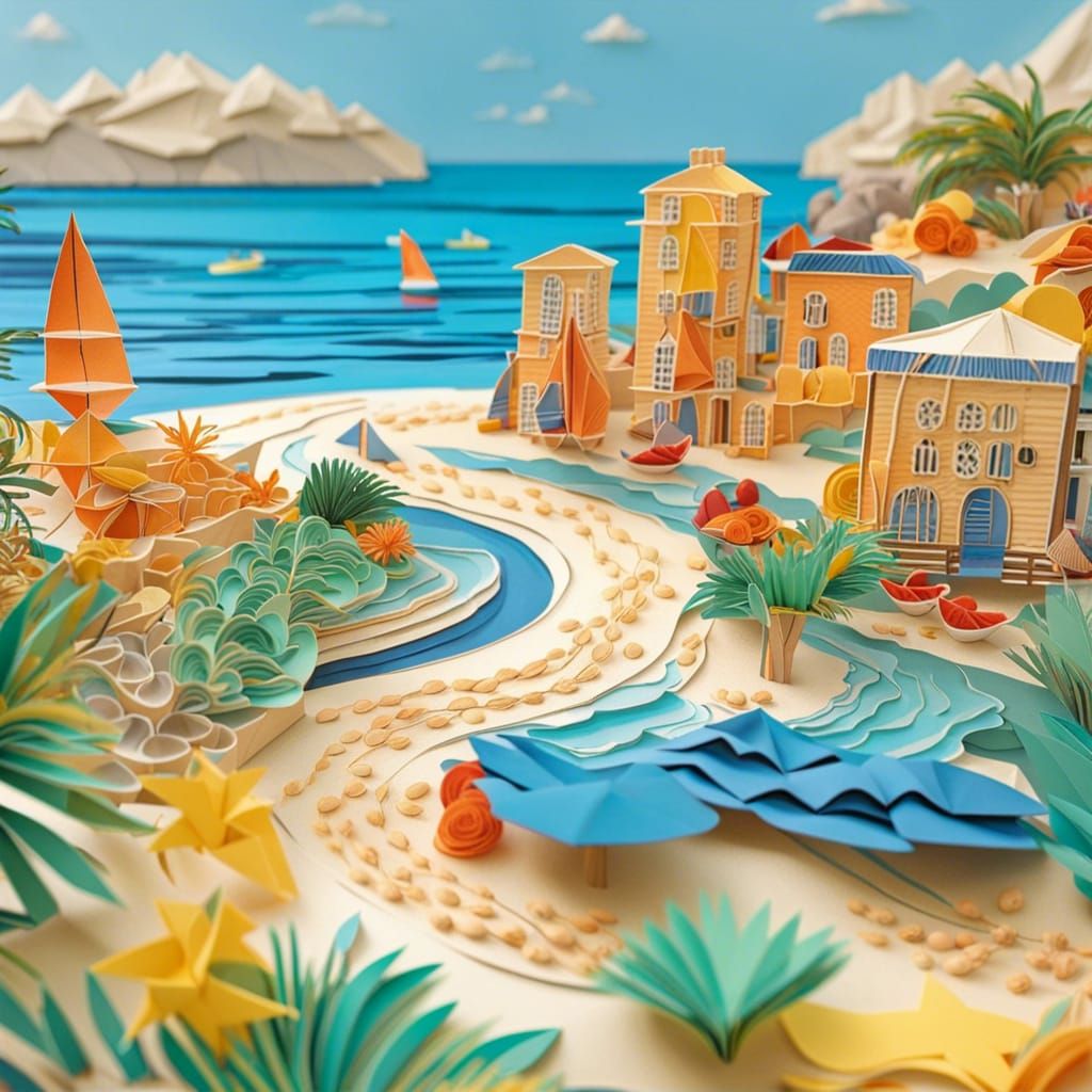 French Riviera Seascape in 3D Origami Art