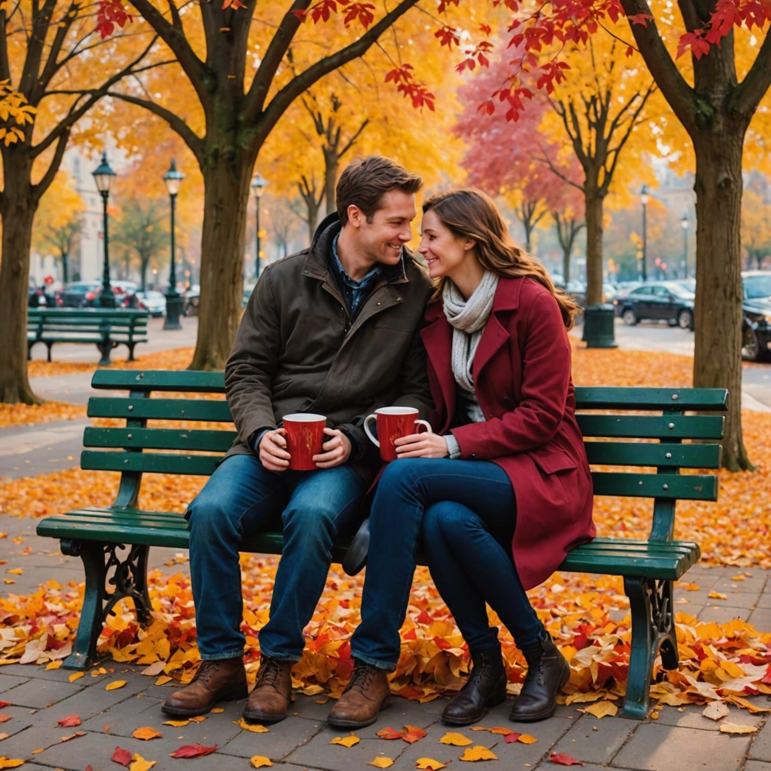 Autumn Embrace: Impressionistic Park Bench Scene
