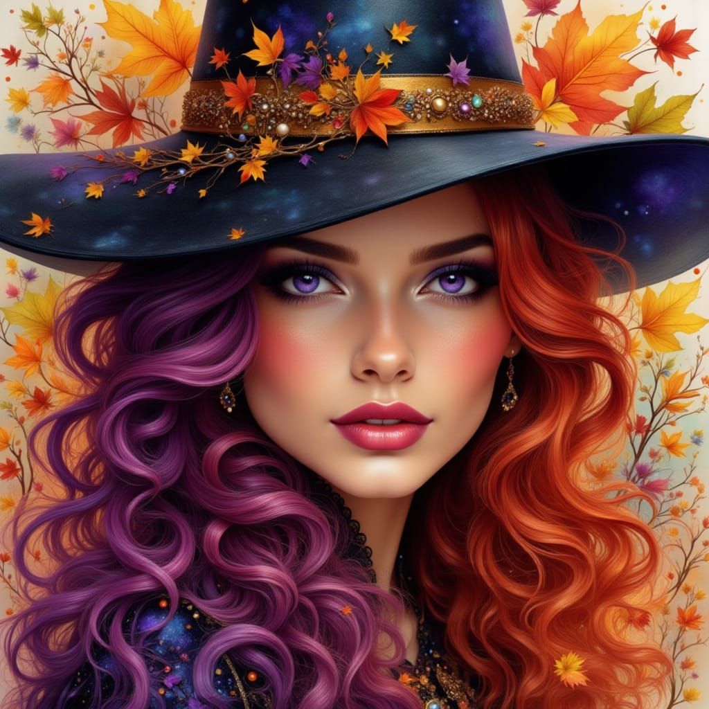 Autumn Witch Portrait with Red and Purple Hair