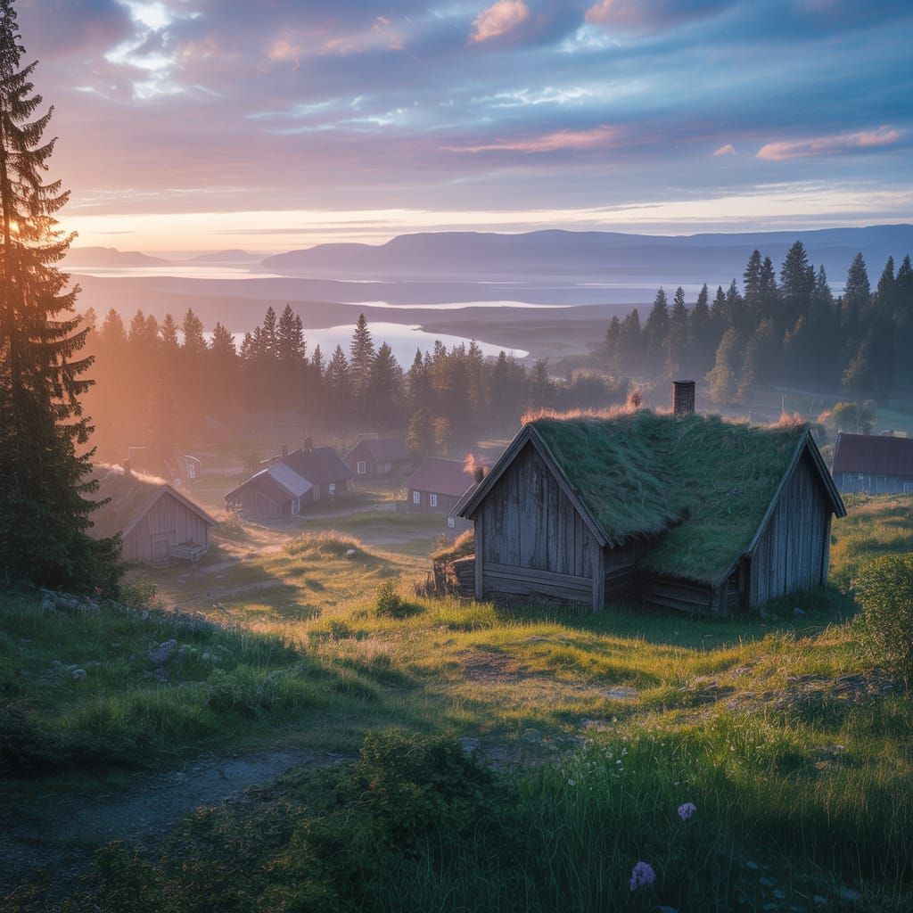 Idyllic Norse Village at Sunrise: Cinematic Masterpiece