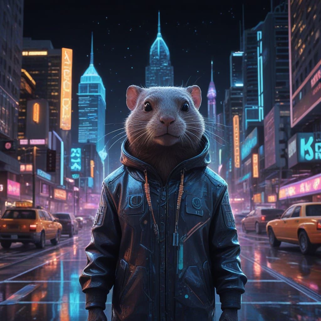 Cosmic Muskrat in Neon-Lit Cyberpunk Cityscape