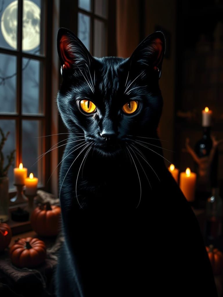Ethereal Black Cat Double Exposure: Halloween Ambiance