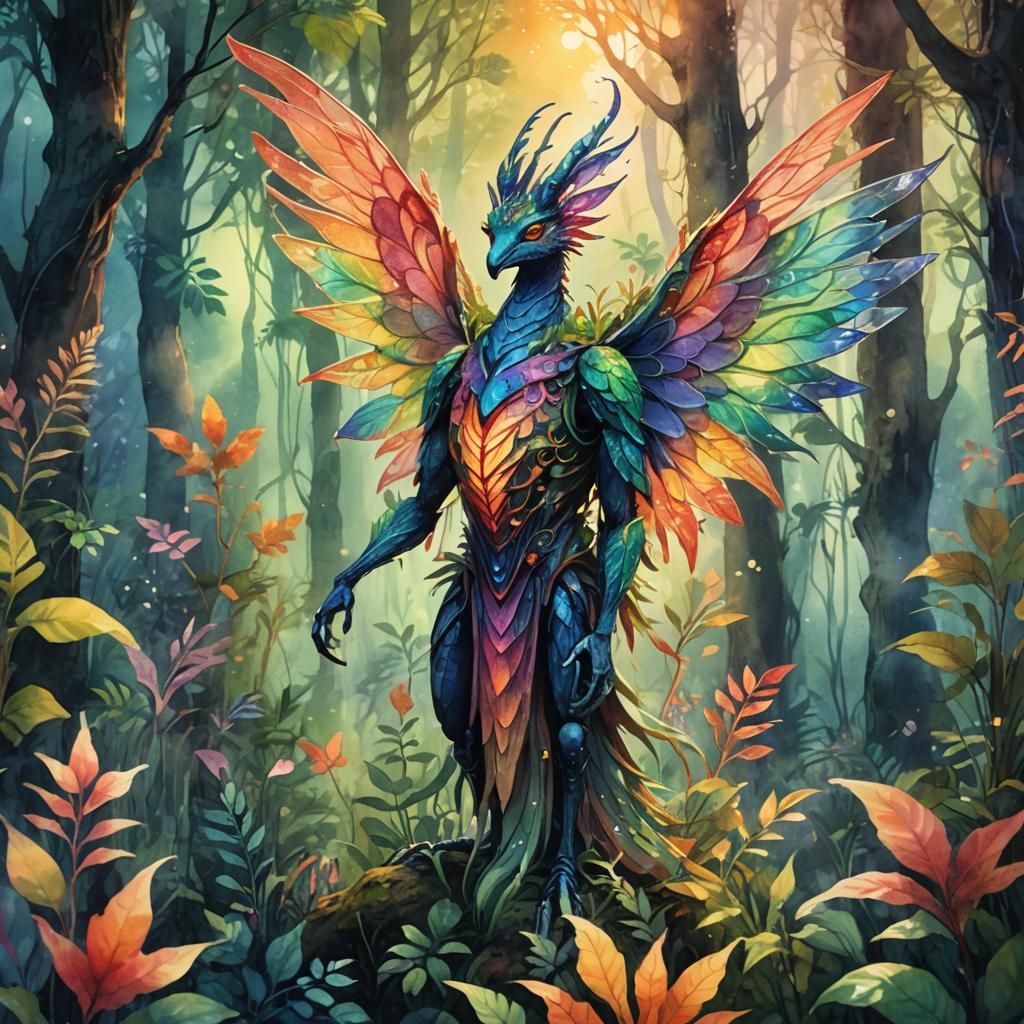 Fantasy Creature in Vibrant Animated Watercolor Forest