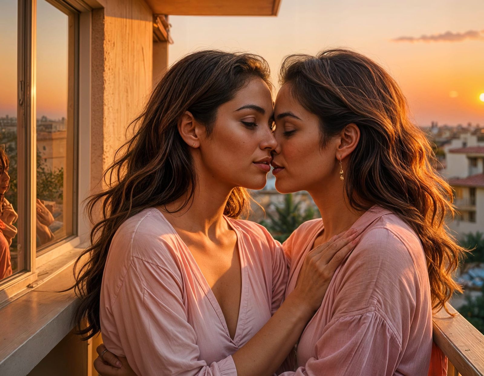 Lovers Embrace on Balcony at Sunset