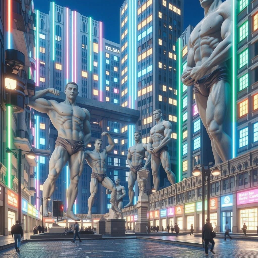Marble Statues of Muscular Figures in a Vibrant City