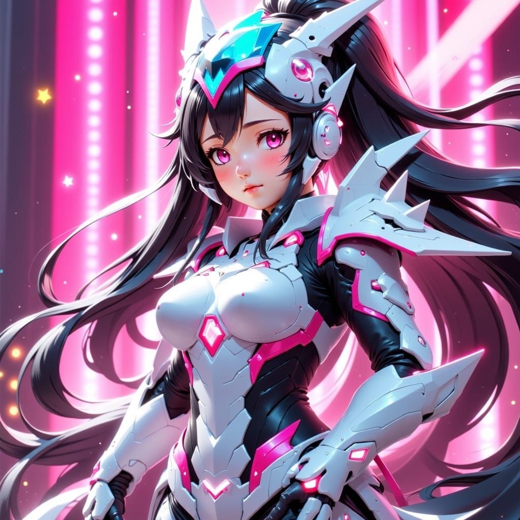 Anime-Inspired Mecha Warrior Girl in Neon Armor