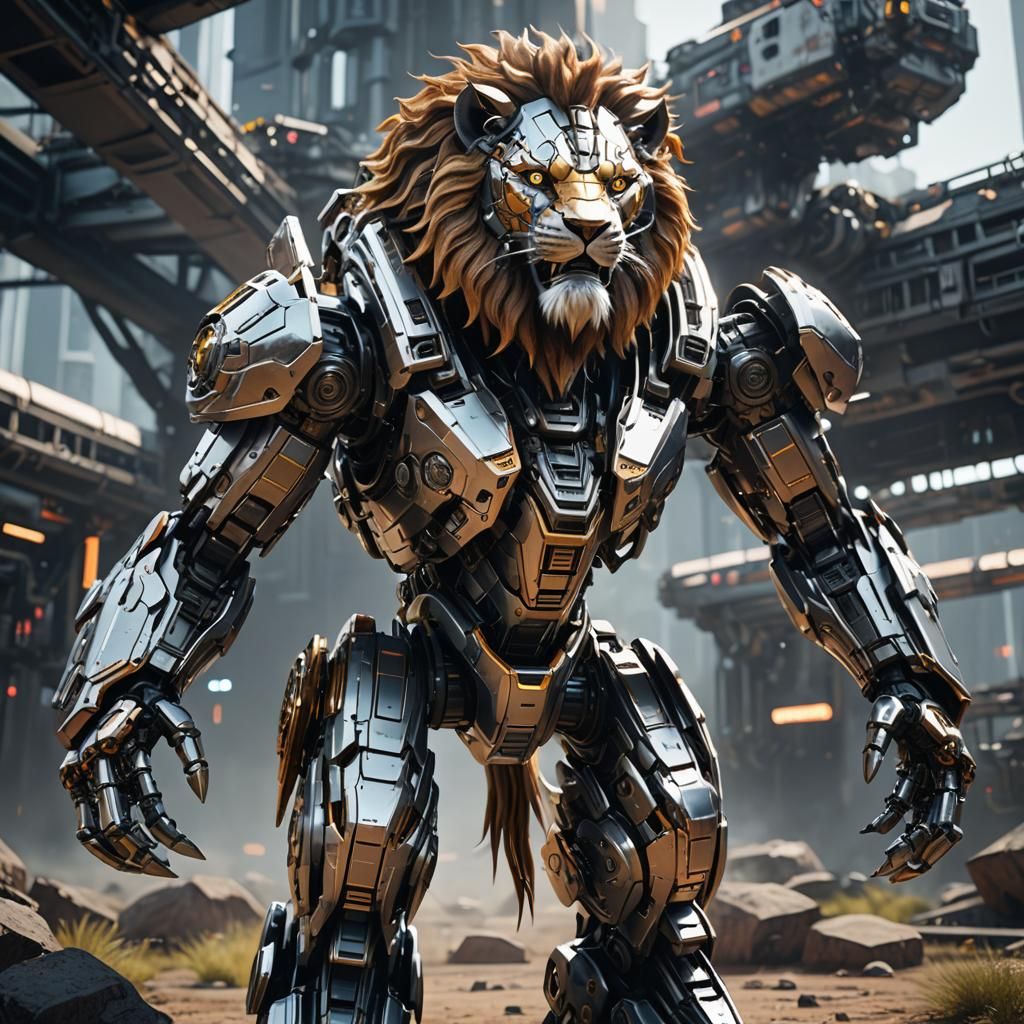 Futuristic Mech Lion in Polished Metal