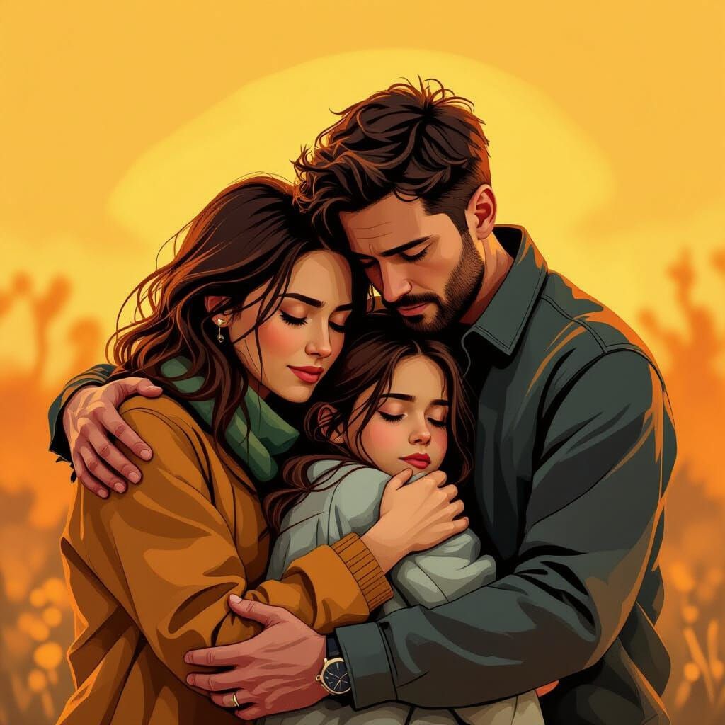 Comforting PTSD Sufferers in Golden Light, Bold Lines