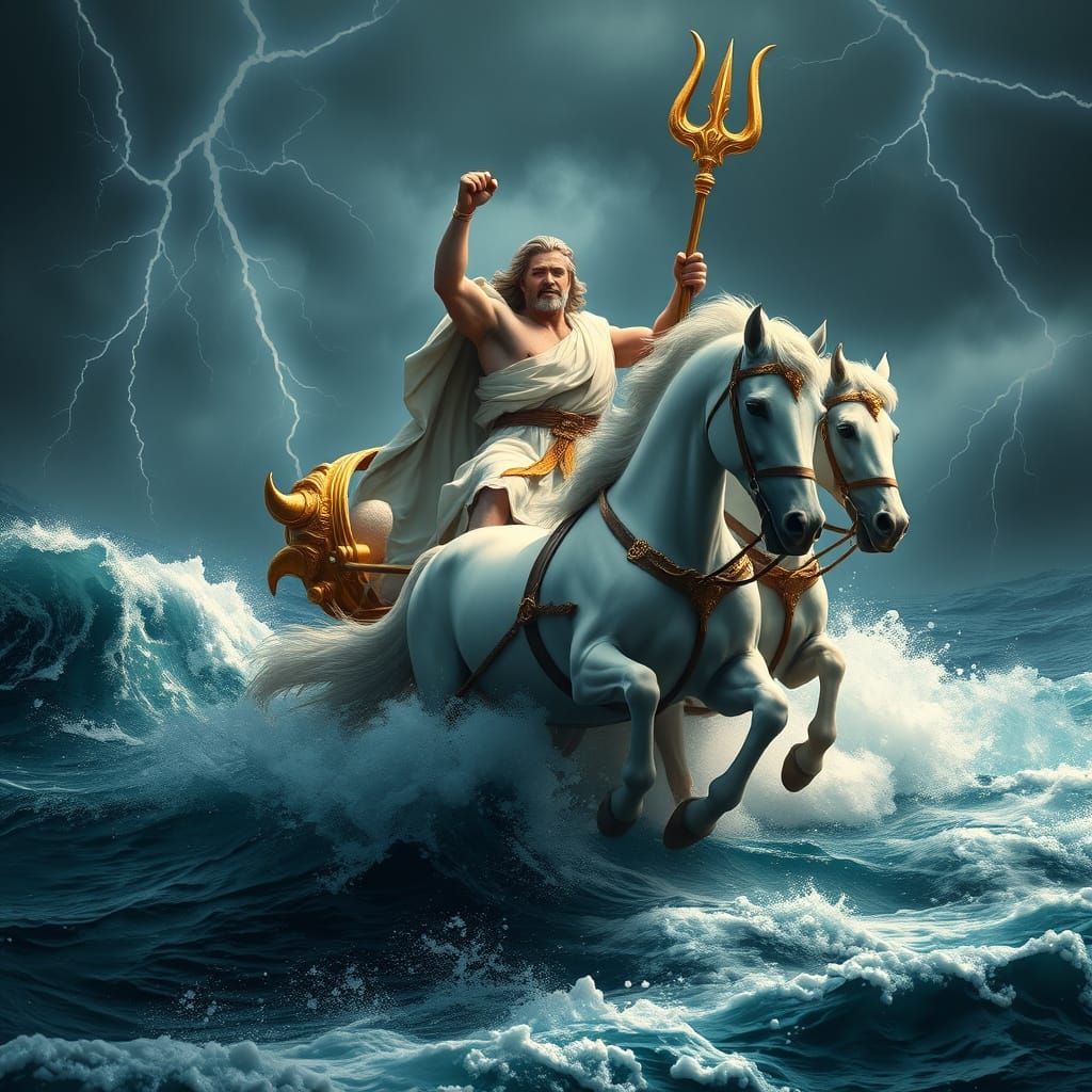 God of the Sea Rides Triumphant in Majestic White Horses