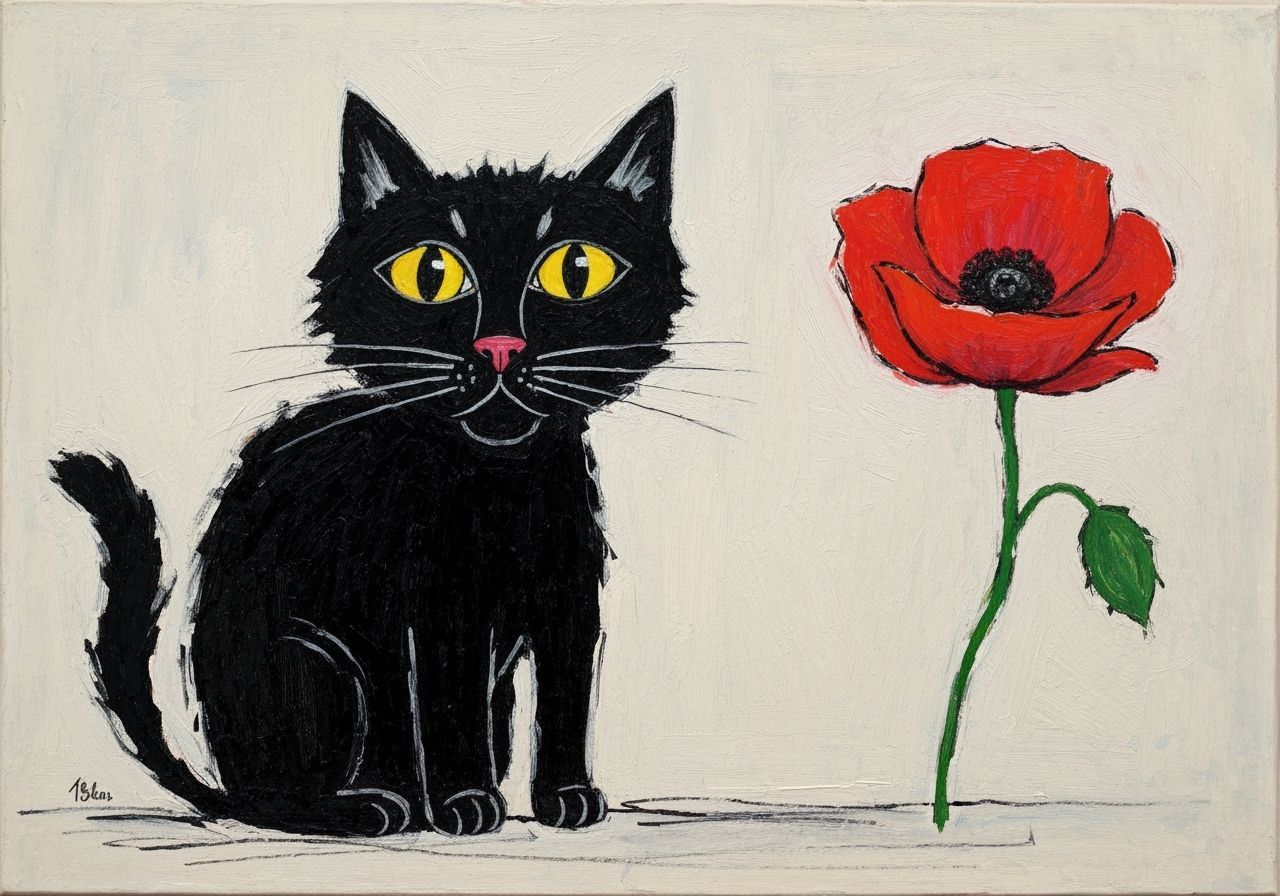 Abstract Black Cat Gazes at Red Poppy, Picasso Inspired