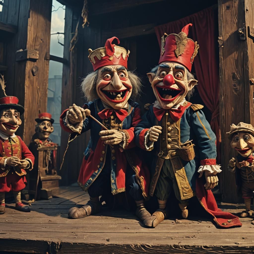 Menacing Punch and Judy Show in Dark Fantasy Style