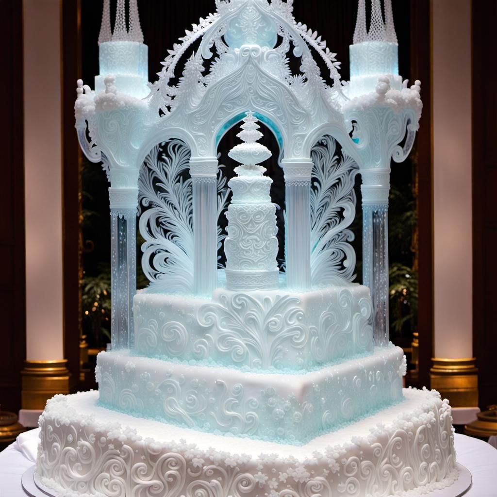 Ornate Ice Sculpture Cake Displayed in Banquet Hall