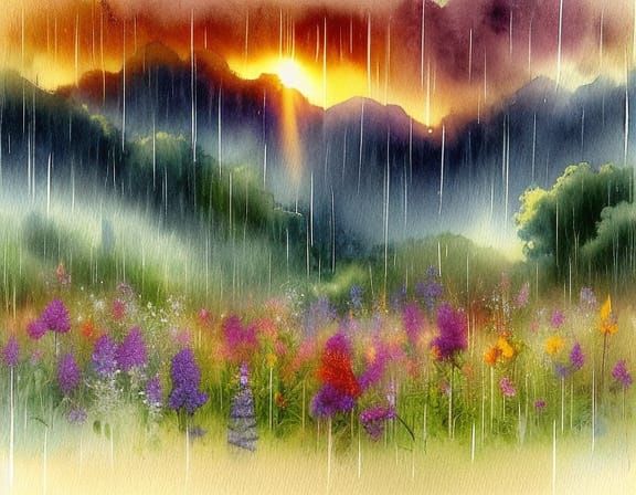Watercolor Field of Wildflowers in Summer Rain