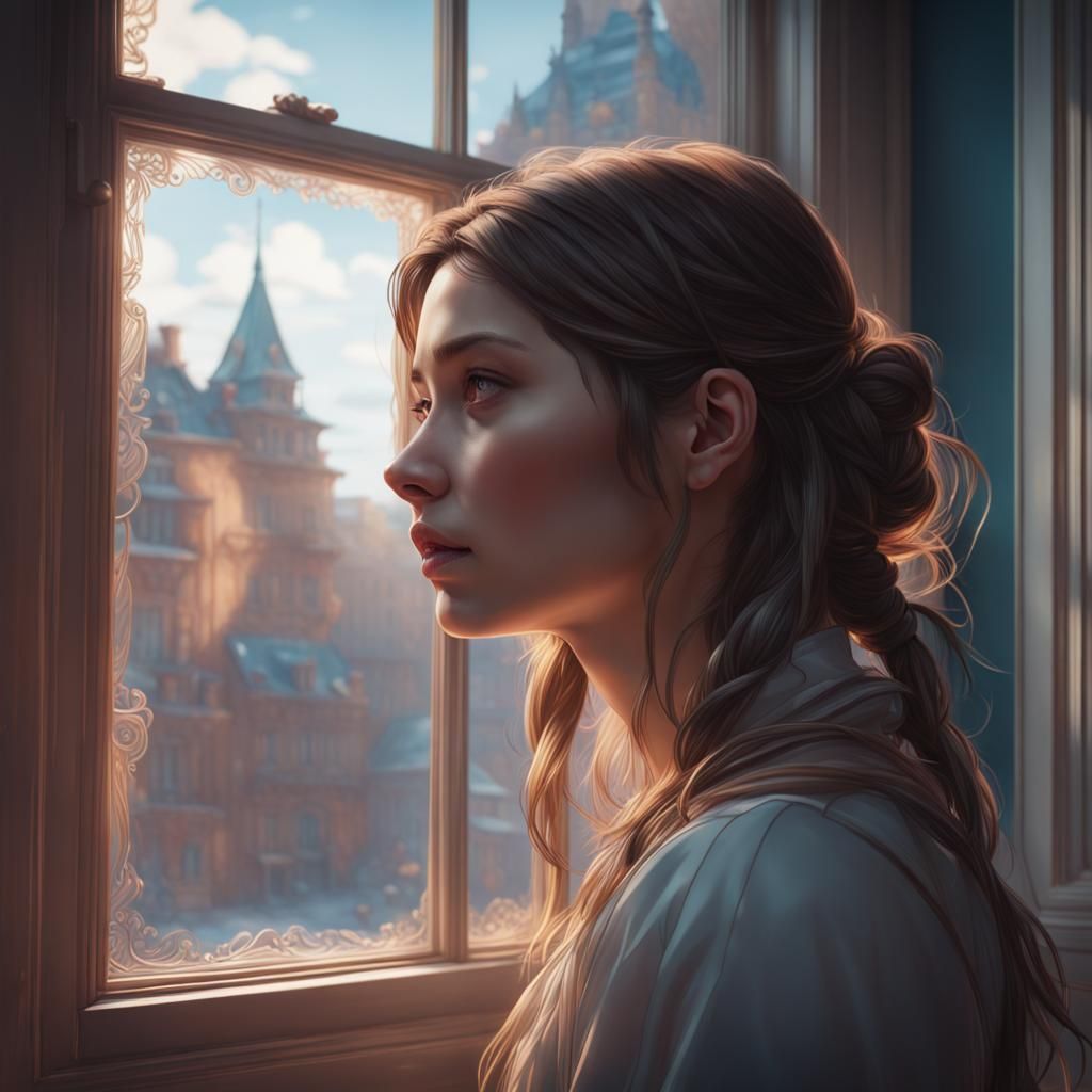 Detailed Portrait of Girl Looking out Window