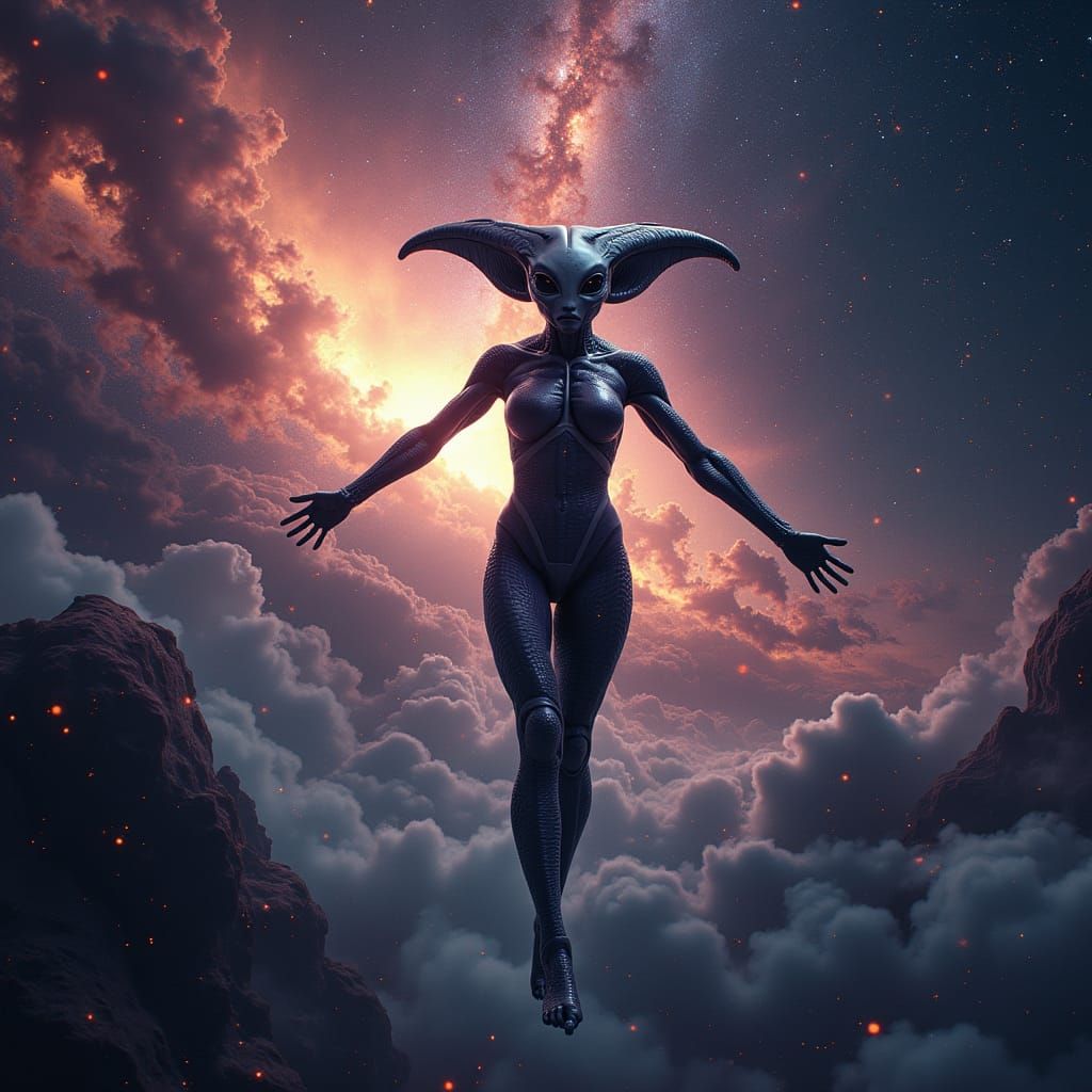 Alien Goddess Radiates Amidst Cosmic Wonders in Cyberpunk St...