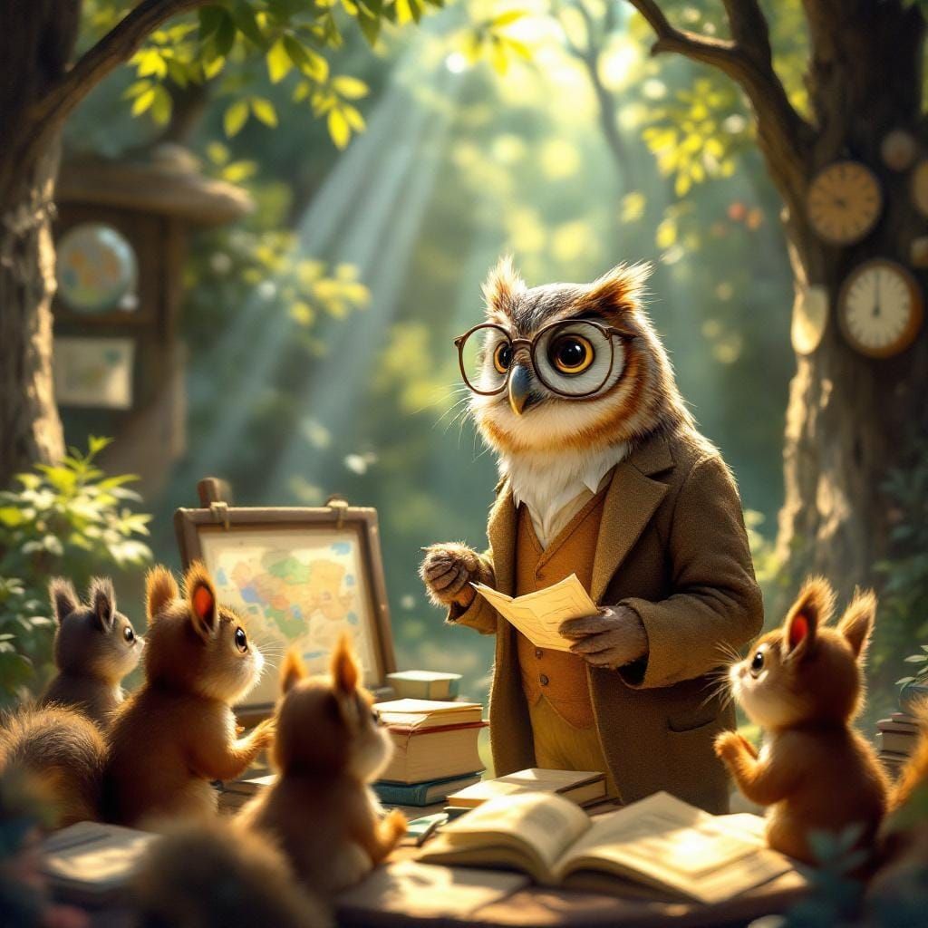 Owl Professor Teaching Squirrels in Forest Classroom