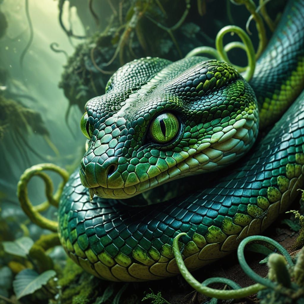 Surrealist Snake Portrait in Eerie Green Haze