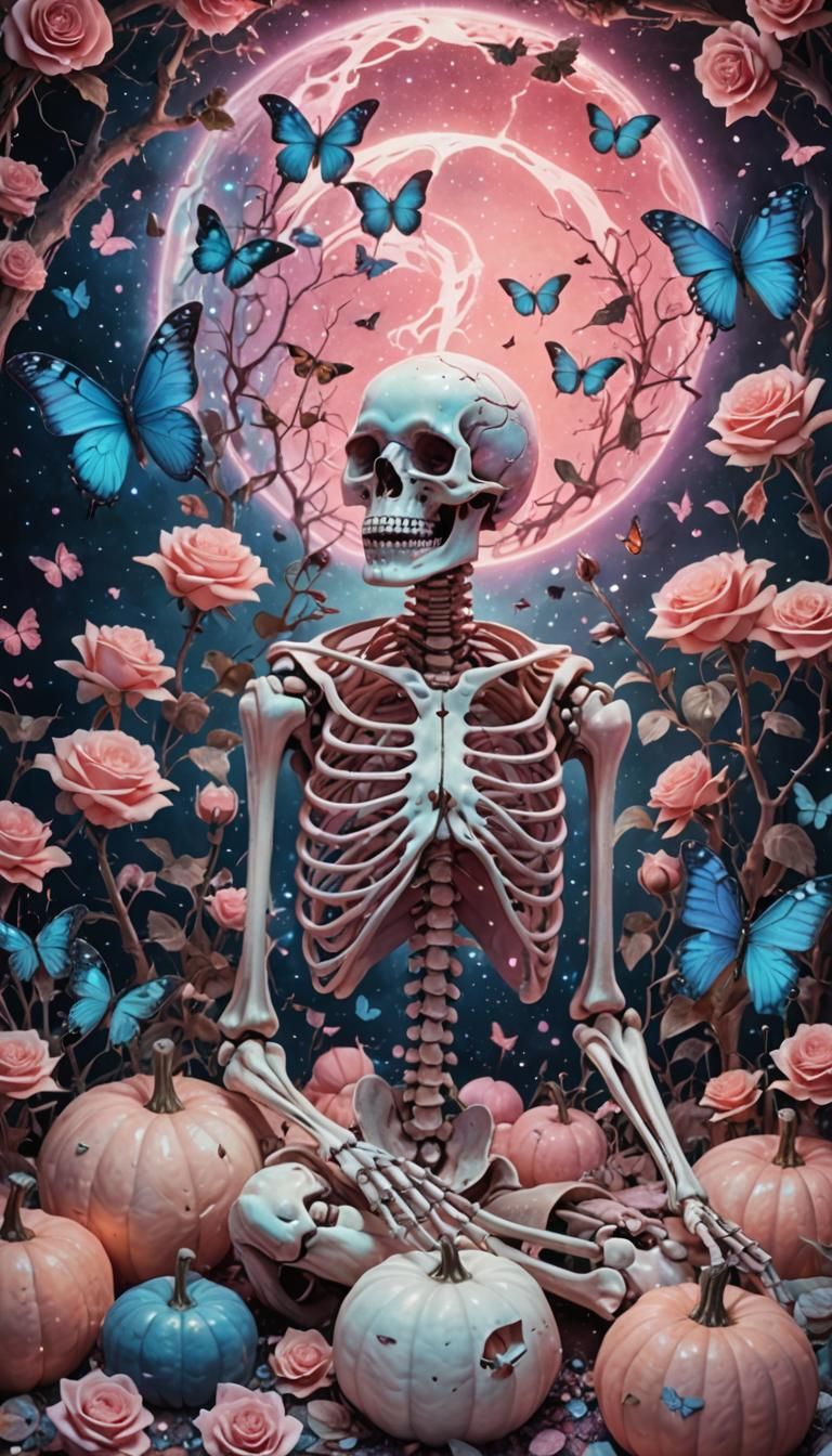Skeleton with Roses and Pumpkins in Cosmic Illustration