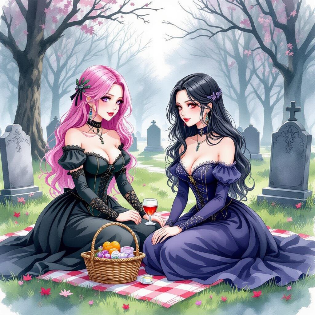 Gothic Picnic in a Spooky Watercolor Cemetery