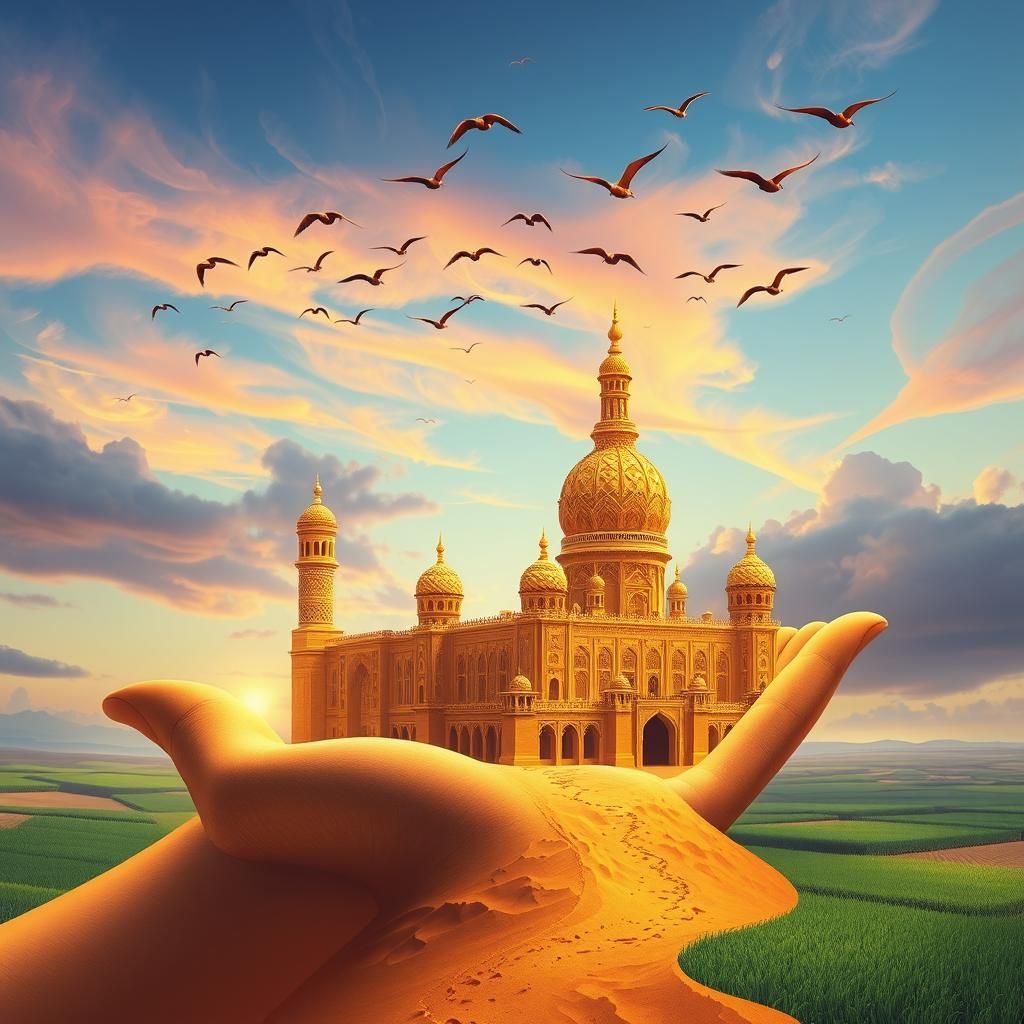 Ornate Sandcastle Held Aloft in Lush Landscape