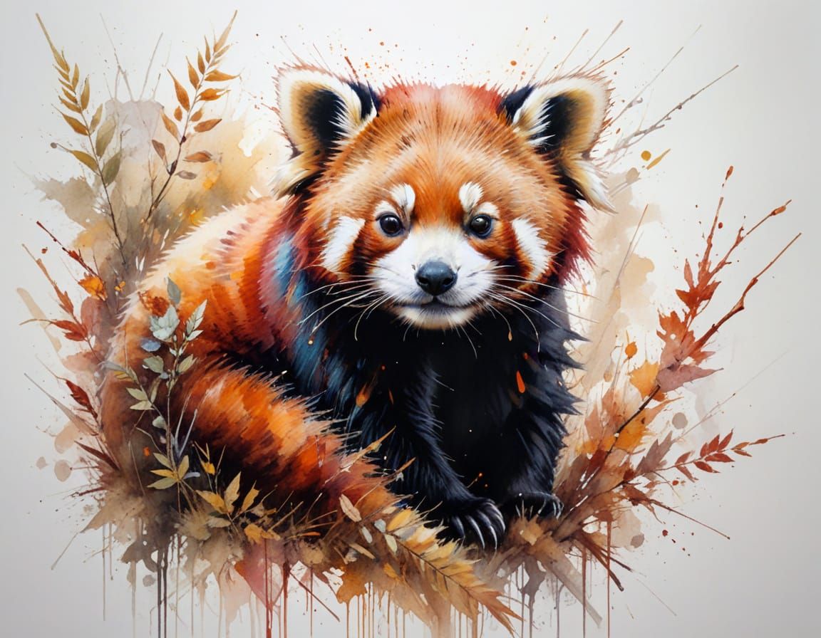 Red Panda in Autumn Light, Stylized Watercolor