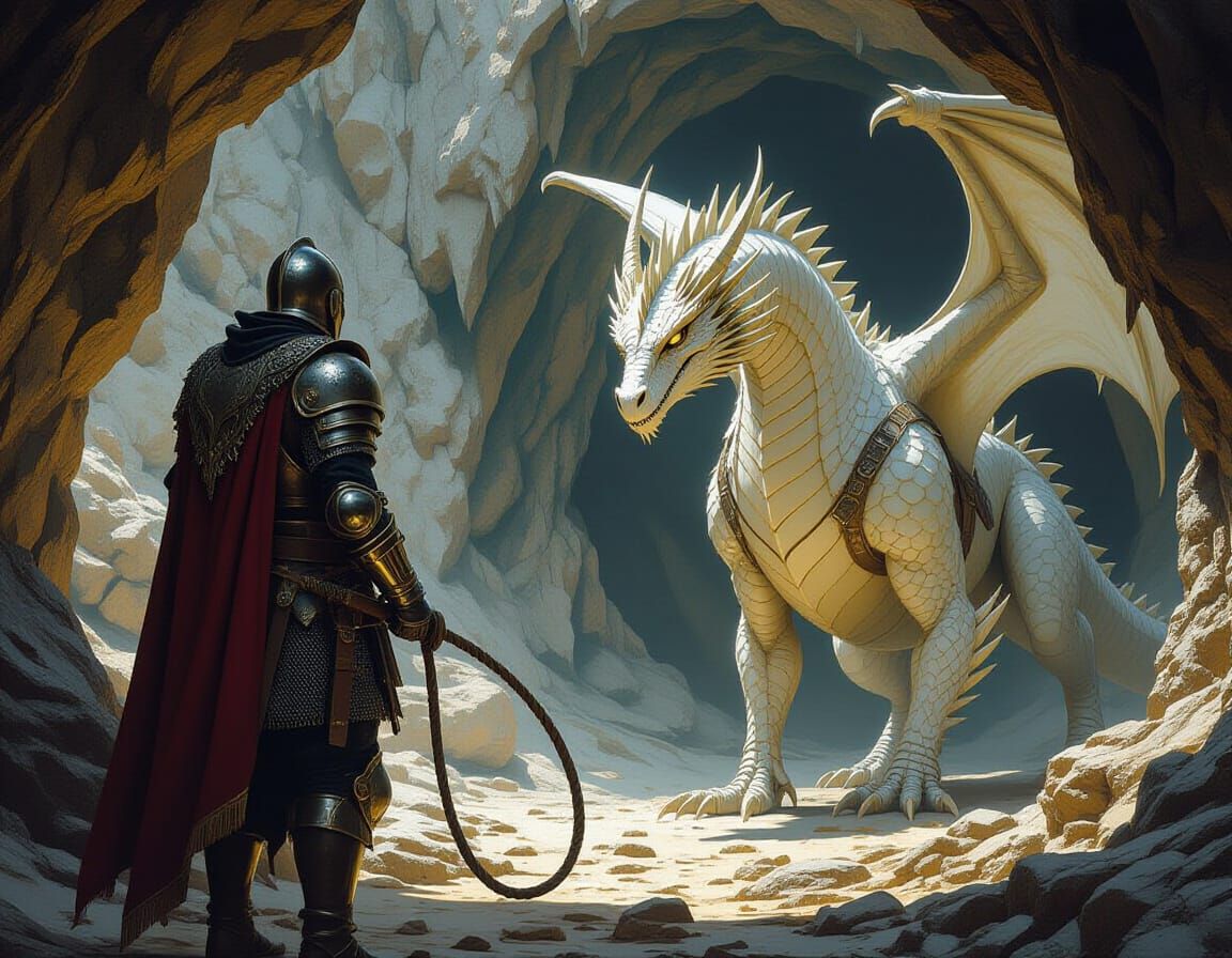 Soldier Confronts Dragon in Dimly Lit Cave