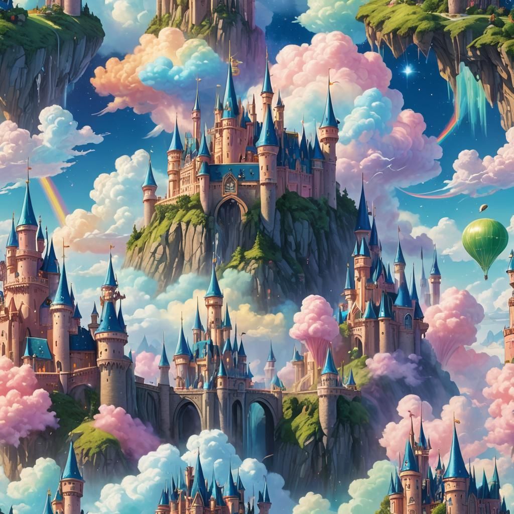 Rainbow Castle with Fairies and Cotton Candy Clouds