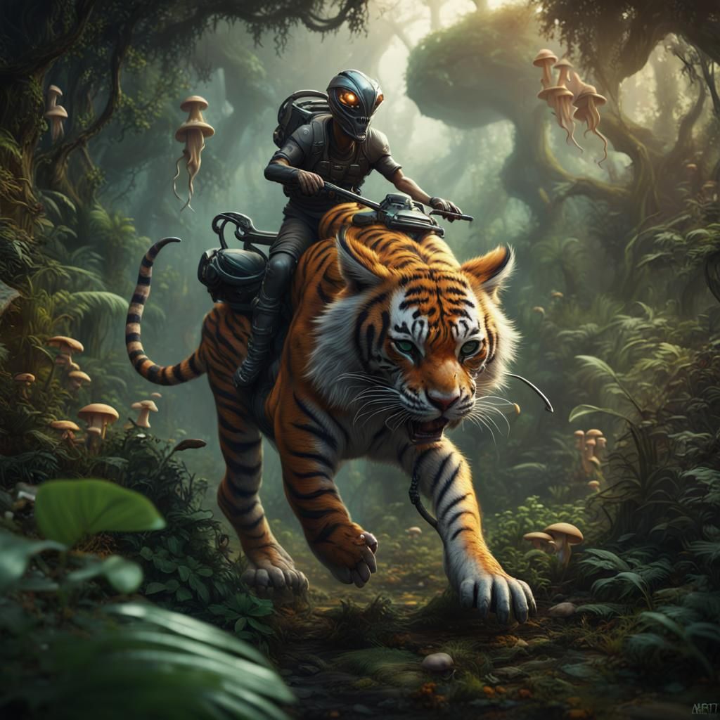 Alien riding a tiger