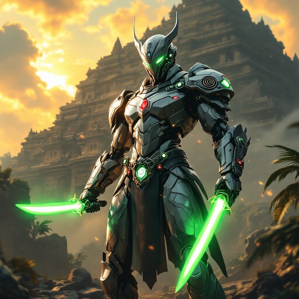 Cyberpunk Samurai Mecha at Ancient Temple