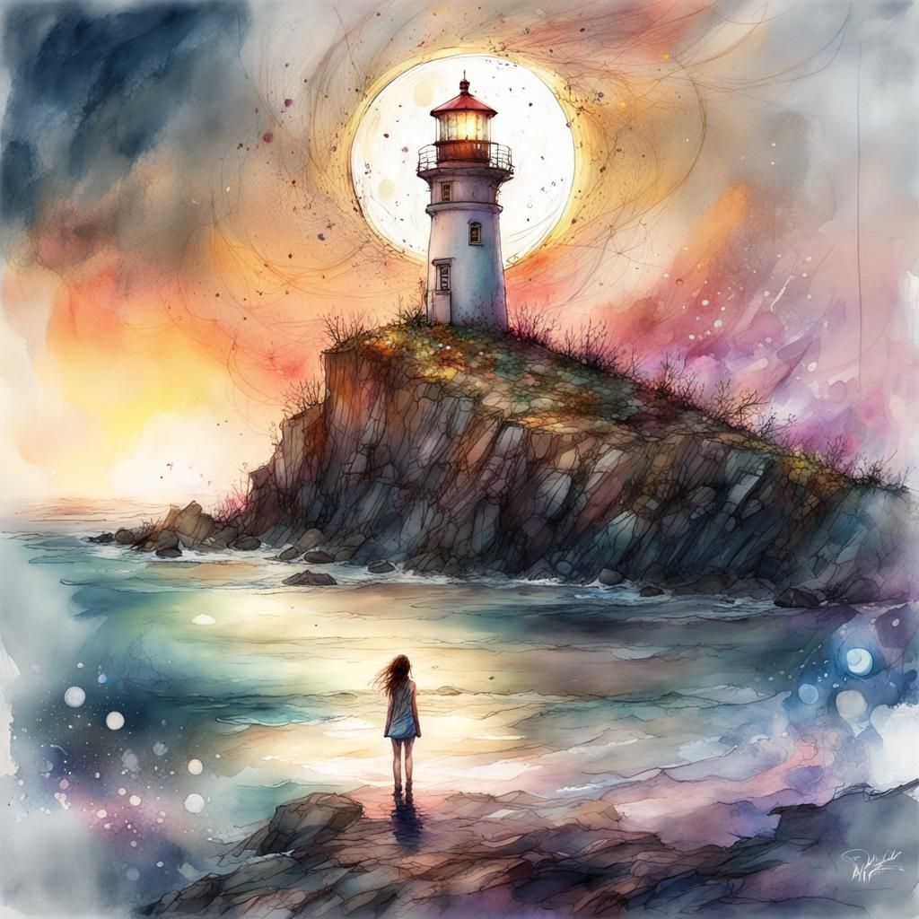 Lighthouse in Digital Watercolor Fantasyscape