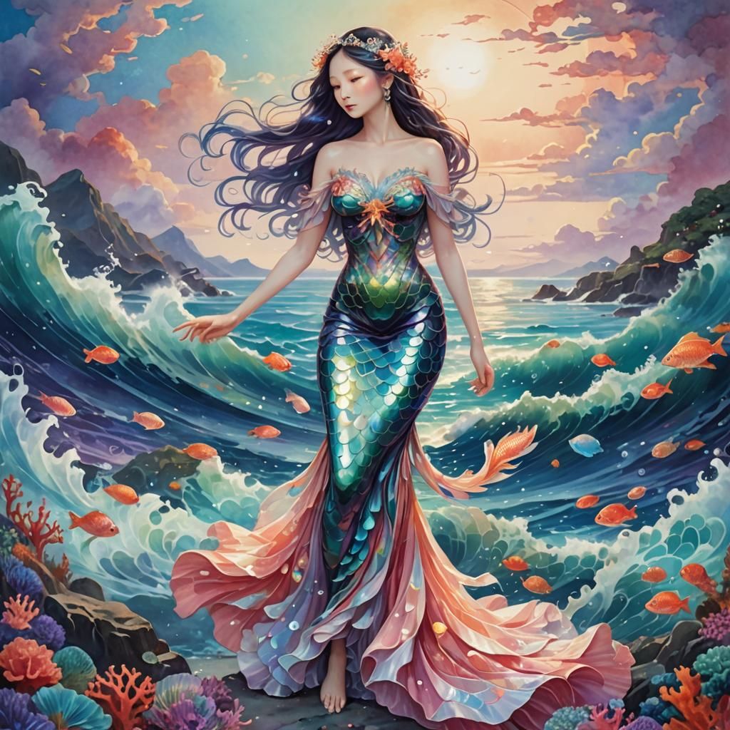 Iridescent Mermaid on Mystical Shoreline