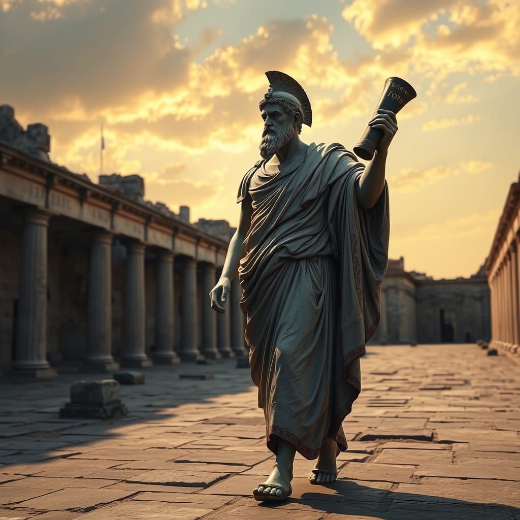 Marcus Aurelius Sculpture with Glowing Scroll in Roman Court...