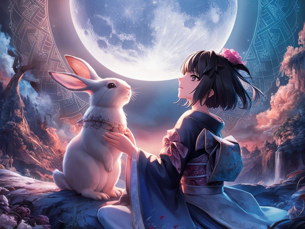 Anime Girl and Rabbit Gazing at Moon in Fantasy Landscape