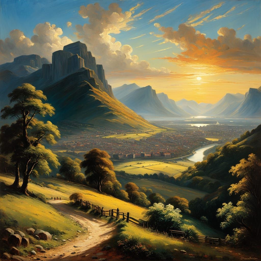 Radiant City View in Chiaroscuro Style