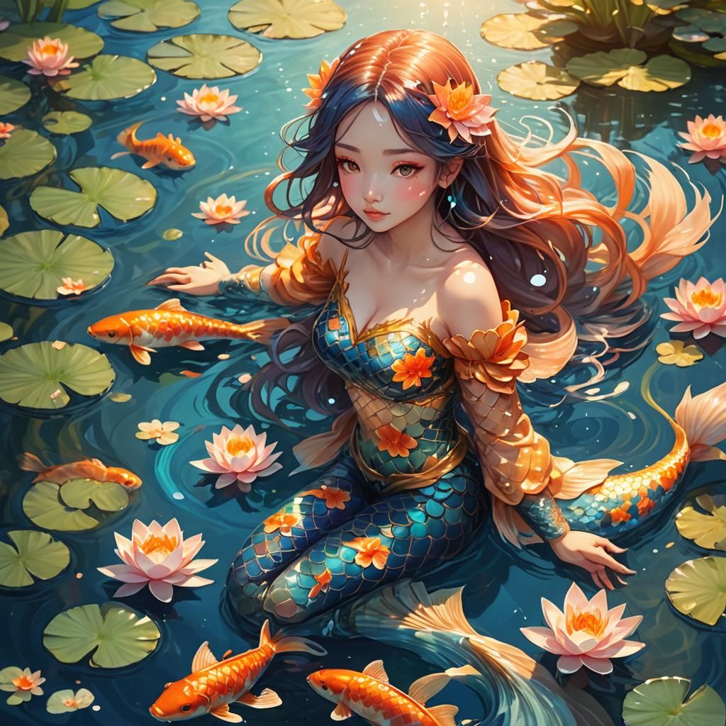 Anime Mermaid in Koi Pond: Art Nouveau Style