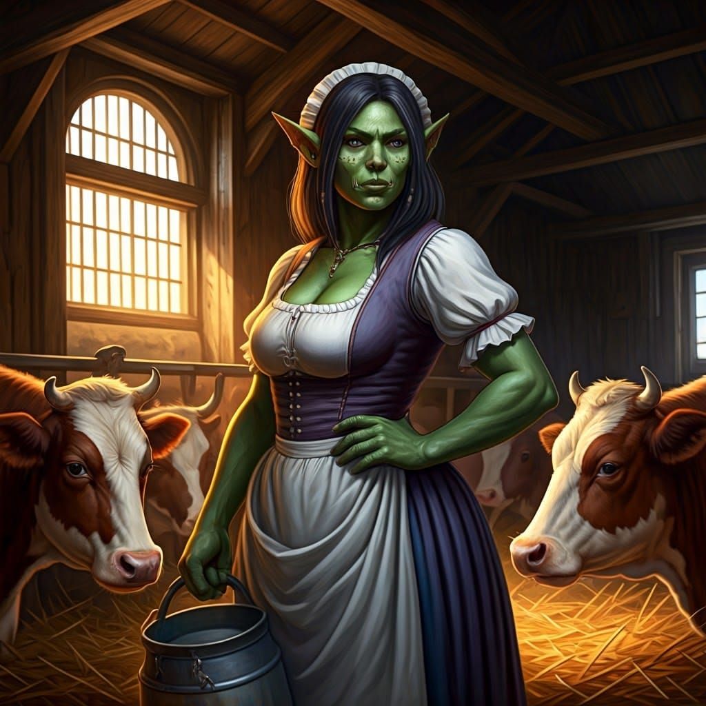 Orc Milkmaid in Barn, Rembrandt Style