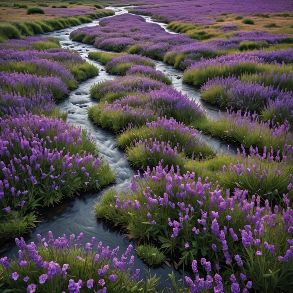 River Flowing Through Field of Purple Flowers