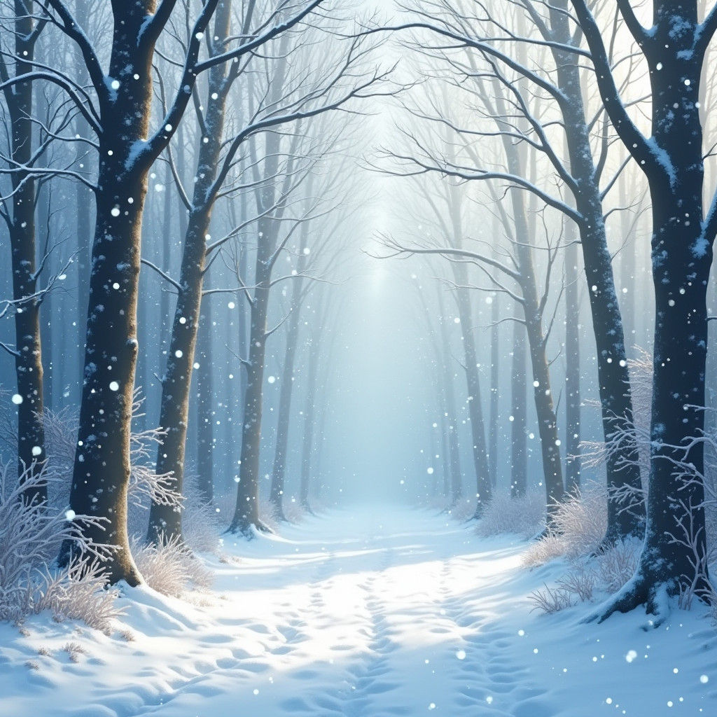 Winter Snowflakes Falling in Forest in Abstract Style