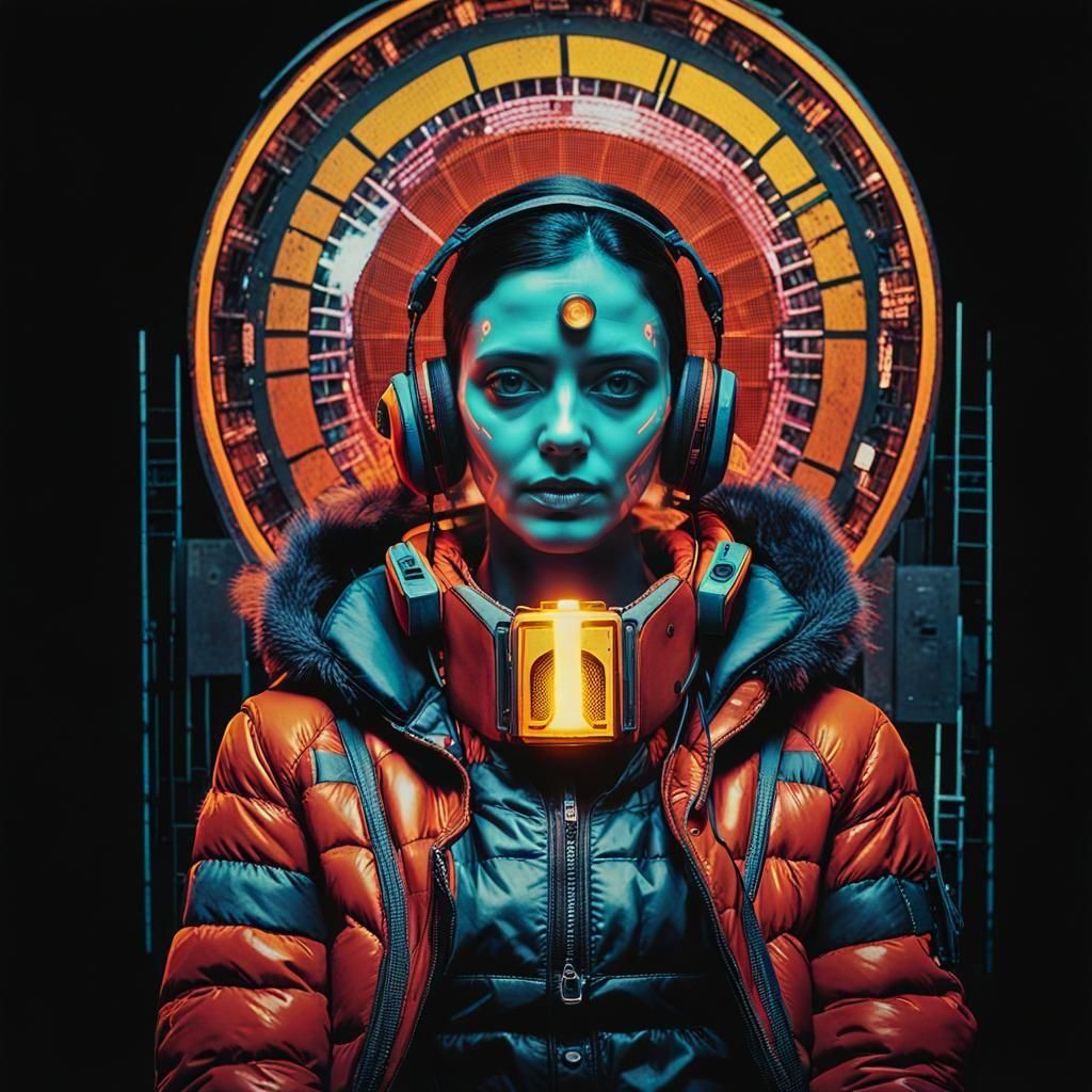 Photographic colour portrait: elemental cyberpunk with halo/ Kalighat, art screen print // Silvia Pelissero, Olga KVASHA...