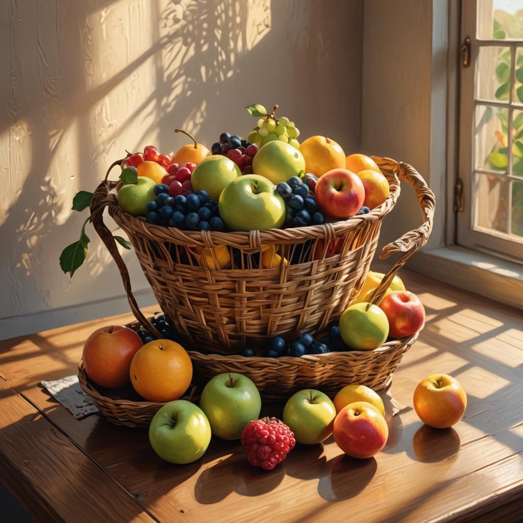 Hyperrealistic Fruit Basket Still Life in Oil Paint Style