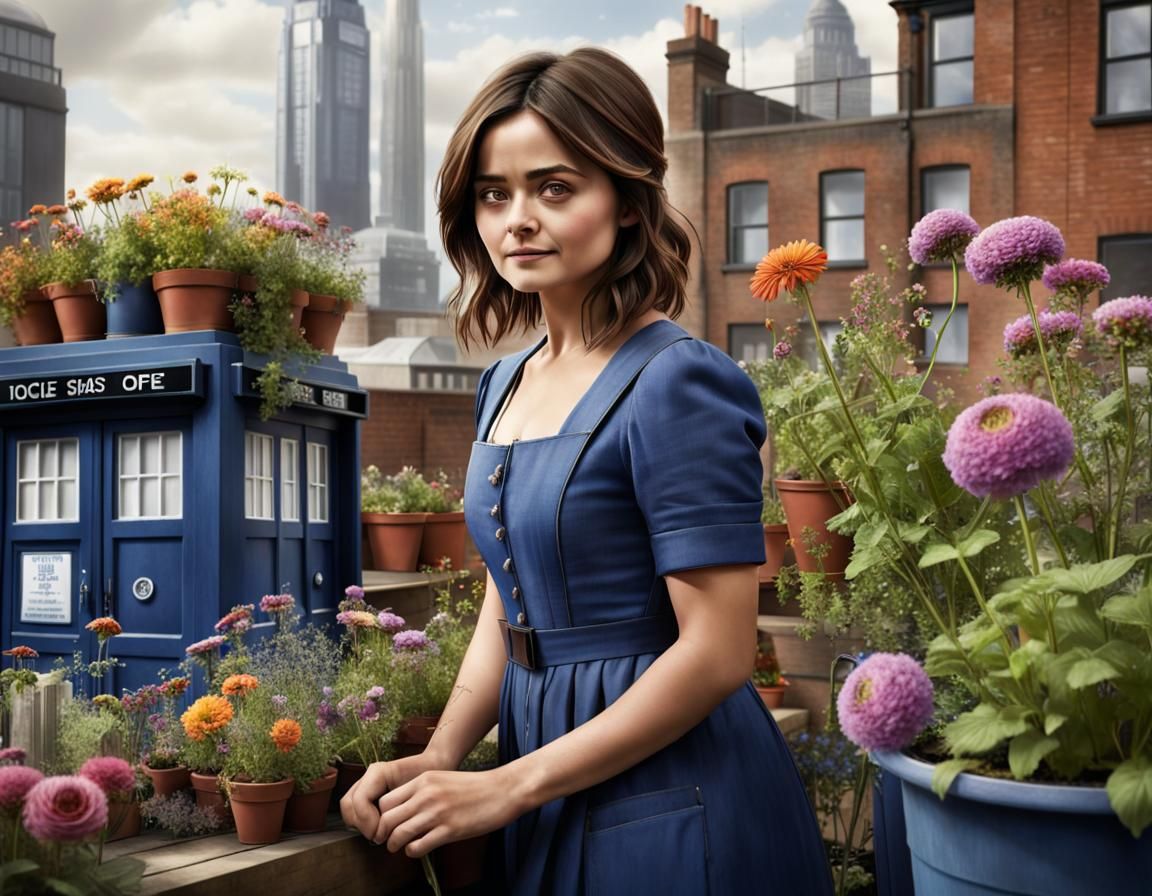 Woman in Rooftop Garden: Storybook Illustration