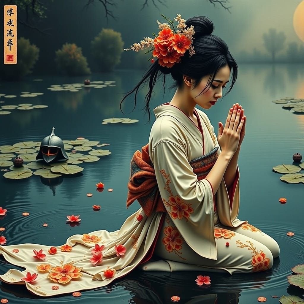 Mourning Geisha by Lily Pond in Ukiyo-e Style