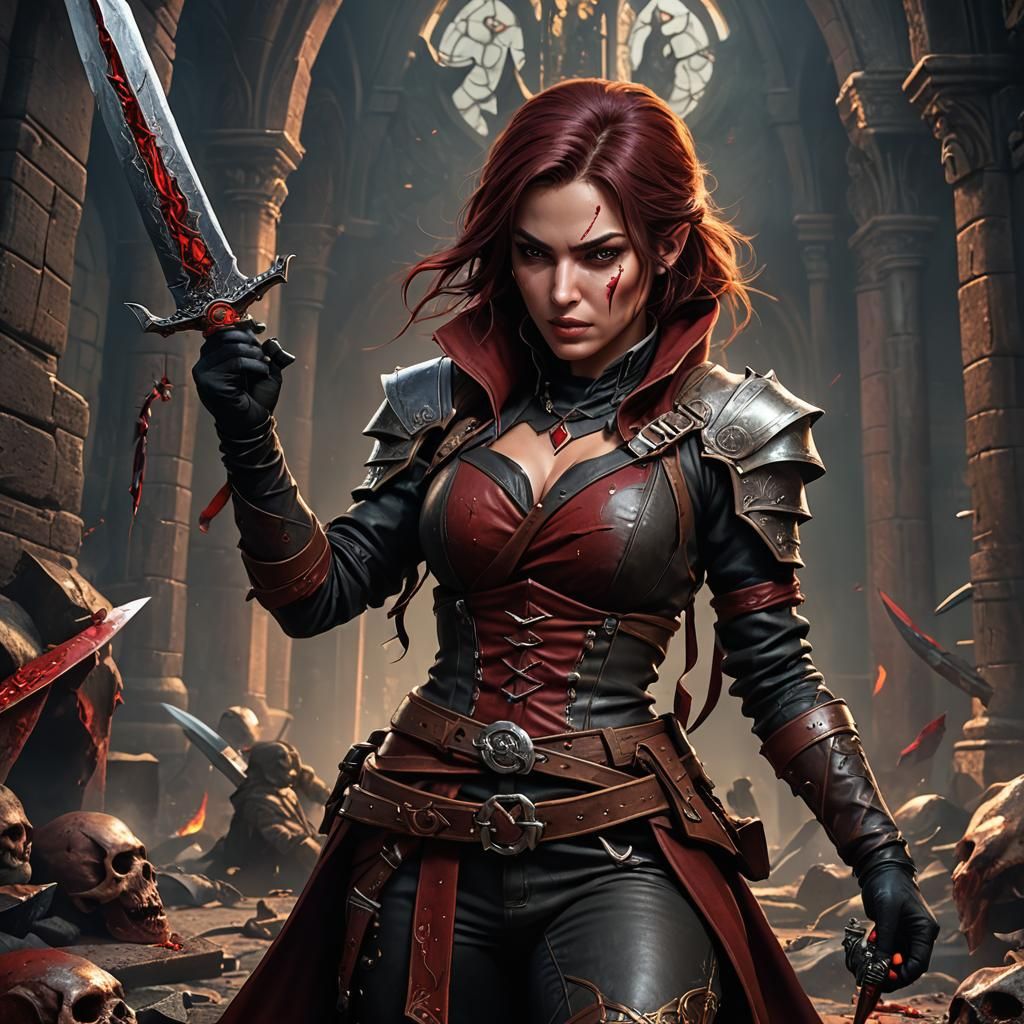 Fantasy Rogue Licking Dagger in Detailed Matte Painting