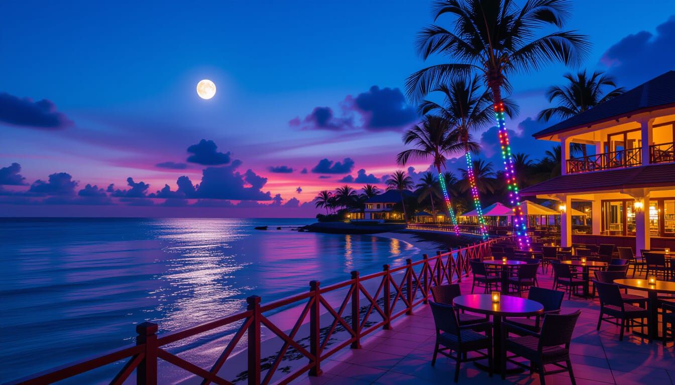 Eclectic Cafe Overlooking Serene Evening Ocean