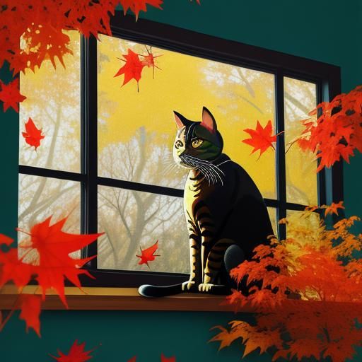 Oriental Cat in Fall Paper Collage Art