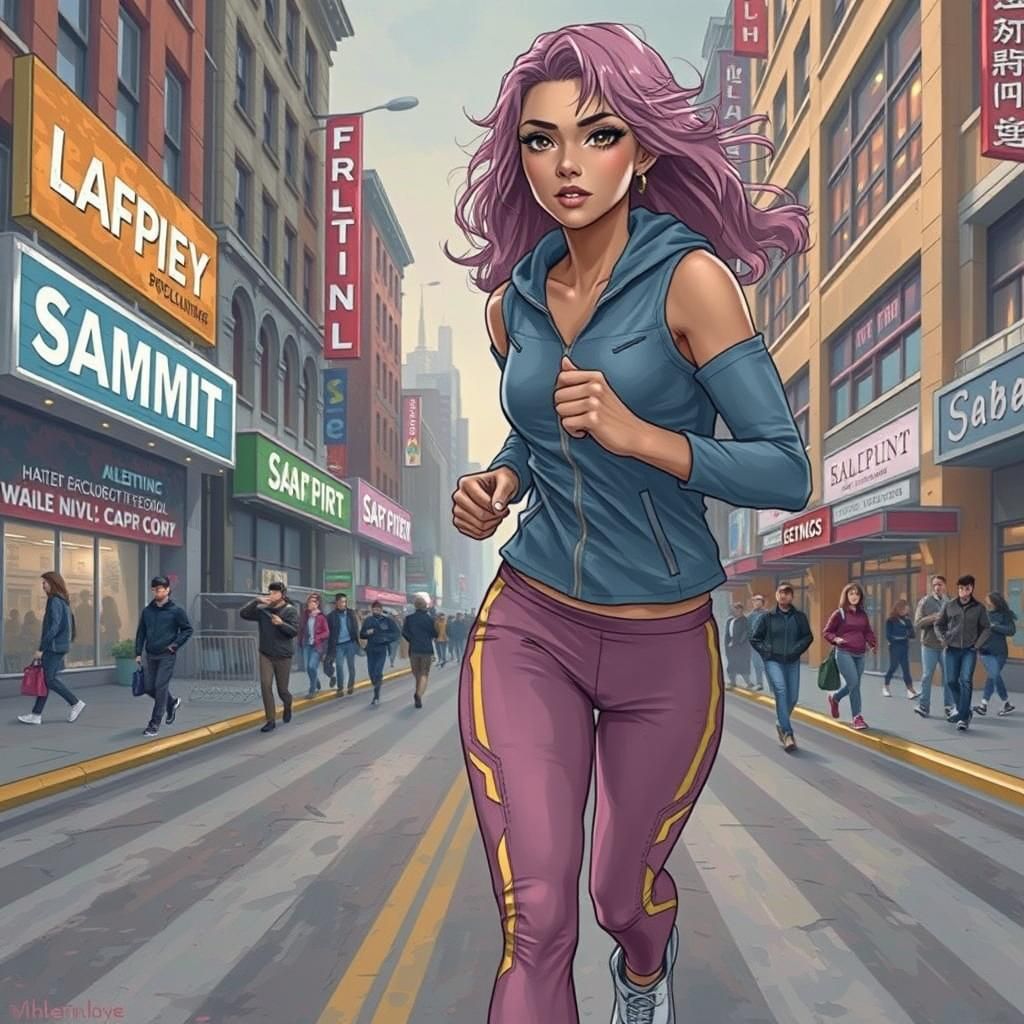 Latina Jogger in Neon Cityscape: Anime Art Style
